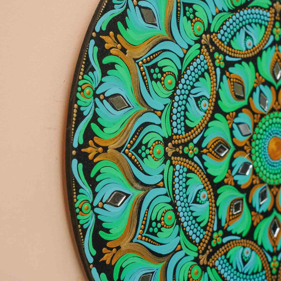 Hand-Painted Sea Green Dot Art Mandala Mdf Wood Wall Plate | 16 Inch