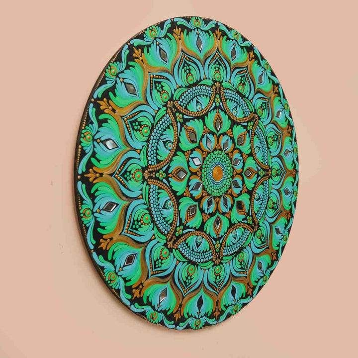 Hand-Painted Sea Green Dot Art Mandala Mdf Wood Wall Plate | 16 Inch