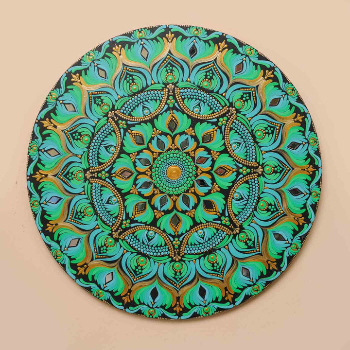 Hand-Painted Sea Green Dot Art Mandala Mdf Wood Wall Plate | 16 Inch