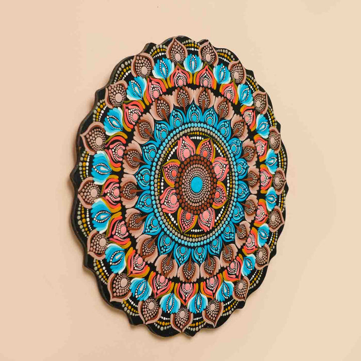 Hand-Painted Peach & Blue Dot Art Mandala Mdf Wood Wall Plate | 12 Inch