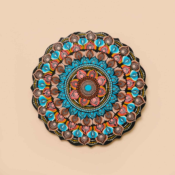 Hand-Painted Peach & Blue Dot Art Mandala Mdf Wood Wall Plate | 12 Inch