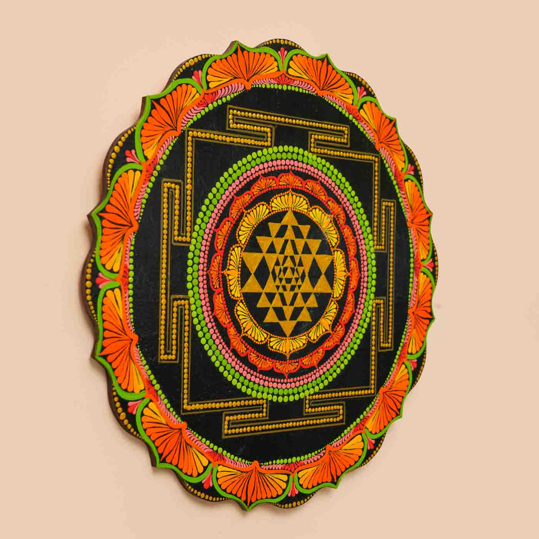 Hand-Painted Blue & Orange Dot Art Mandala Sri Yantra Mdf Wood Wall Plate | 12 Inch