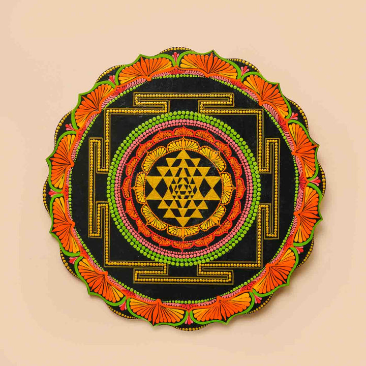 Hand-Painted Blue & Orange Dot Art Mandala Sri Yantra Mdf Wood Wall Plate | 12 Inch