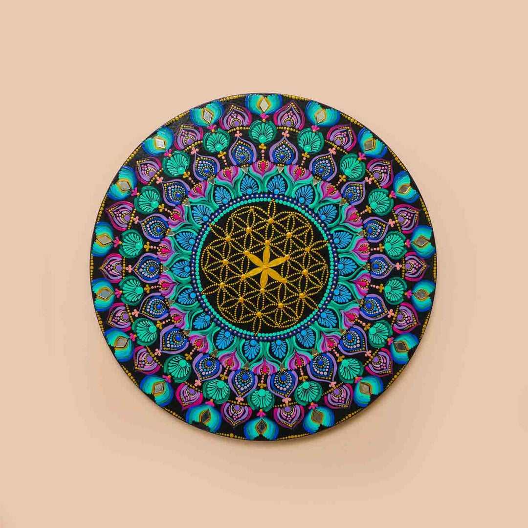 Hand-Painted Multicolour Dot Art Mandala Flower of Life Mdf Wood Wall Plate | 16 Inch