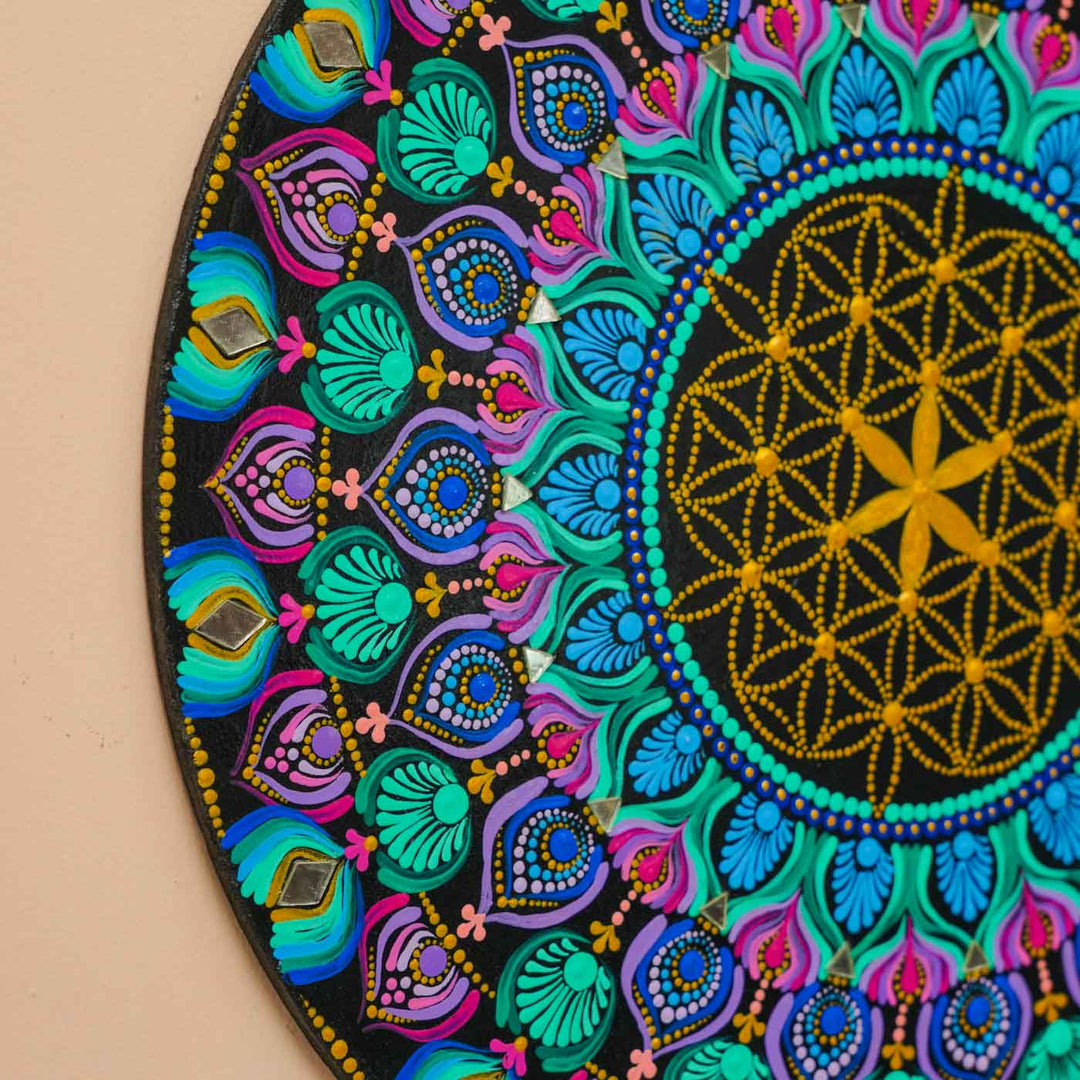 Hand-Painted Multicolour Dot Art Mandala Flower of Life Mdf Wood Wall Plate | 16 Inch