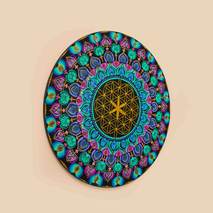 Hand-Painted Multicolour Dot Art Mandala Flower of Life Mdf Wood Wall Plate | 16 Inch