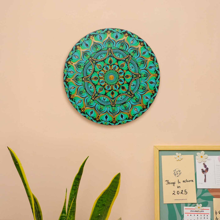 Hand-Painted Sea Green Dot Art Mandala Mdf Wood Wall Plate | 16 Inch