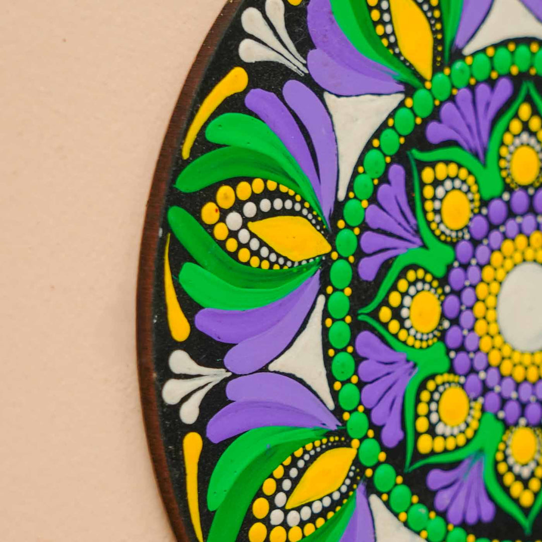 Hand-Painted Purple & Green Dot Art Mandala Mdf Wood Wall Plate | 6 Inch