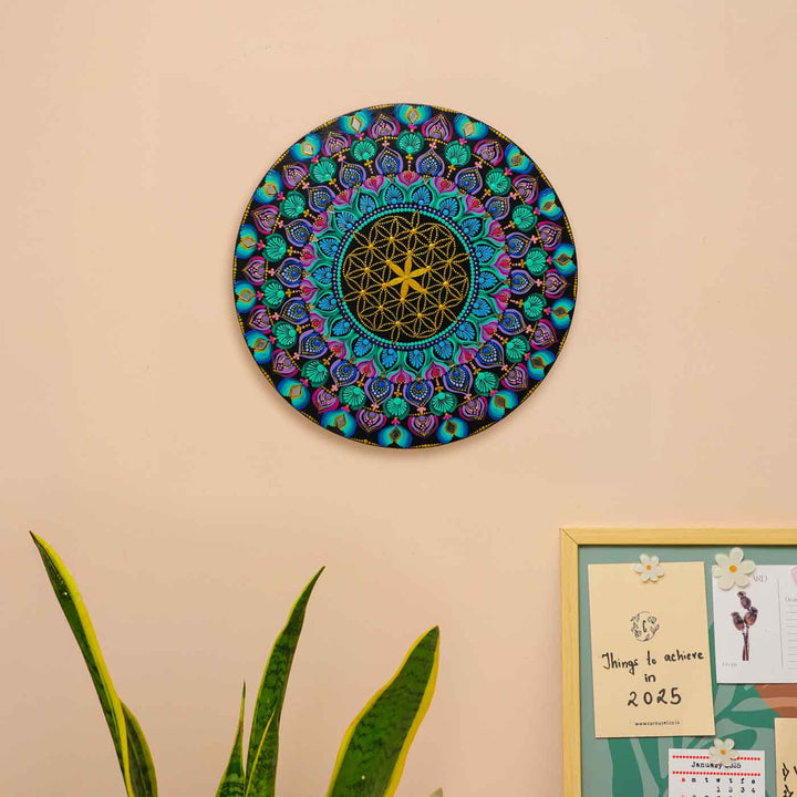 Hand-Painted Multicolour Dot Art Mandala Flower of Life Mdf Wood Wall Plate | 16 Inch