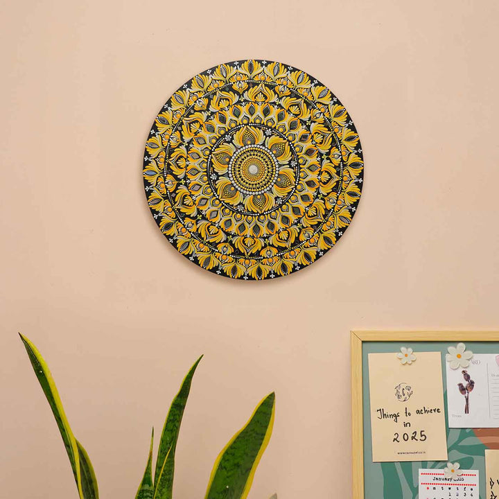 Hand-Painted Yellow Dot Art Mandala Mdf Wood Wall Plate | 16 Inch