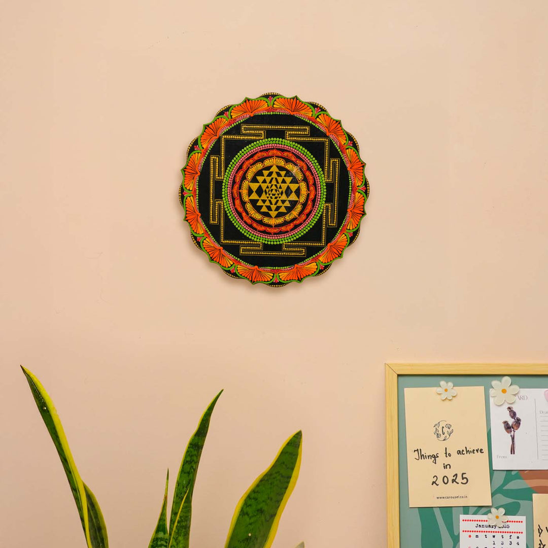 Hand-Painted Blue & Orange Dot Art Mandala Sri Yantra Mdf Wood Wall Plate | 12 Inch