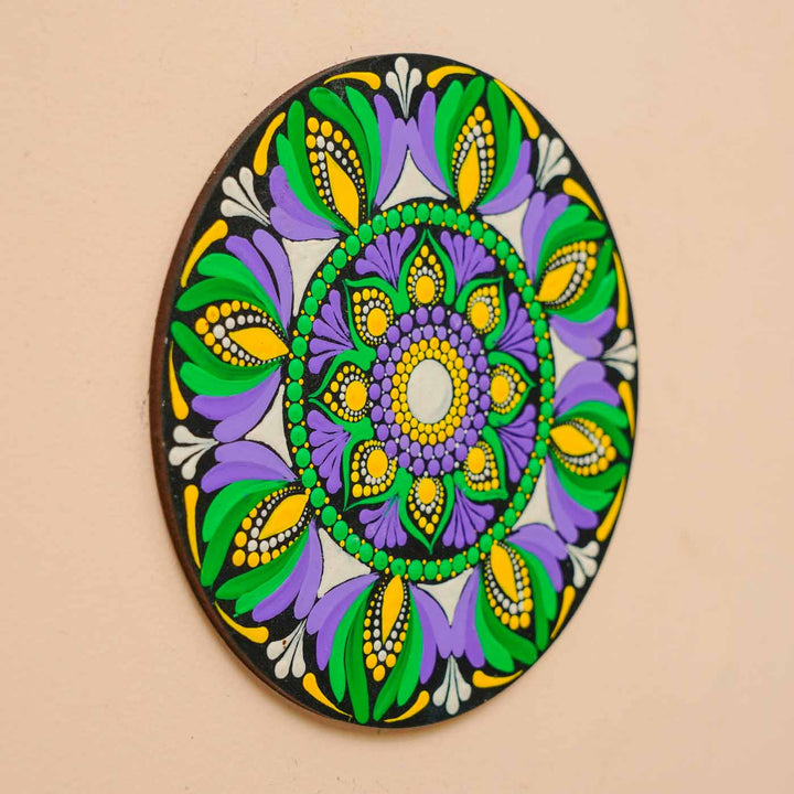 Hand-Painted Purple & Green Dot Art Mandala Mdf Wood Wall Plate | 6 Inch