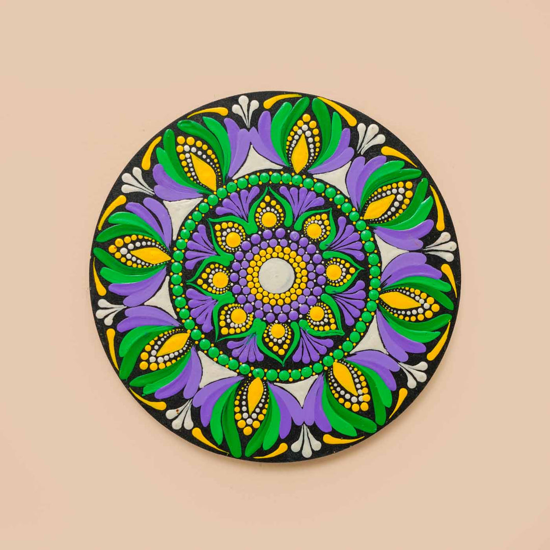 Hand-Painted Purple & Green Dot Art Mandala Mdf Wood Wall Plate | 6 Inch