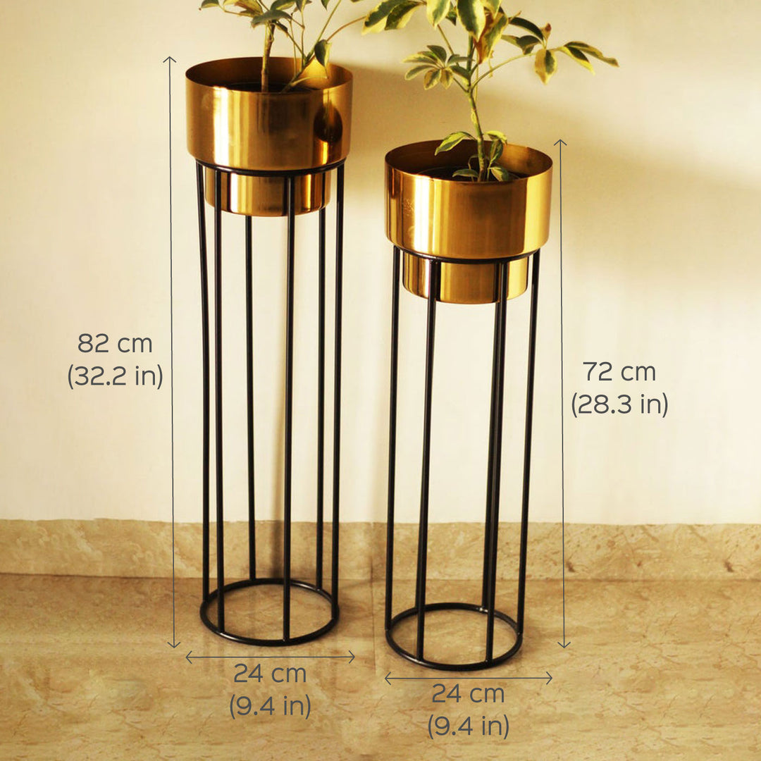 Shiny Noir Aluminium Planter With Iron Stand | Set of 2