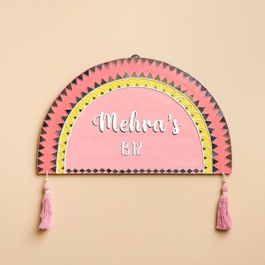 Personalized Mirror Work Pink Theme Mdf Wood Name Plate