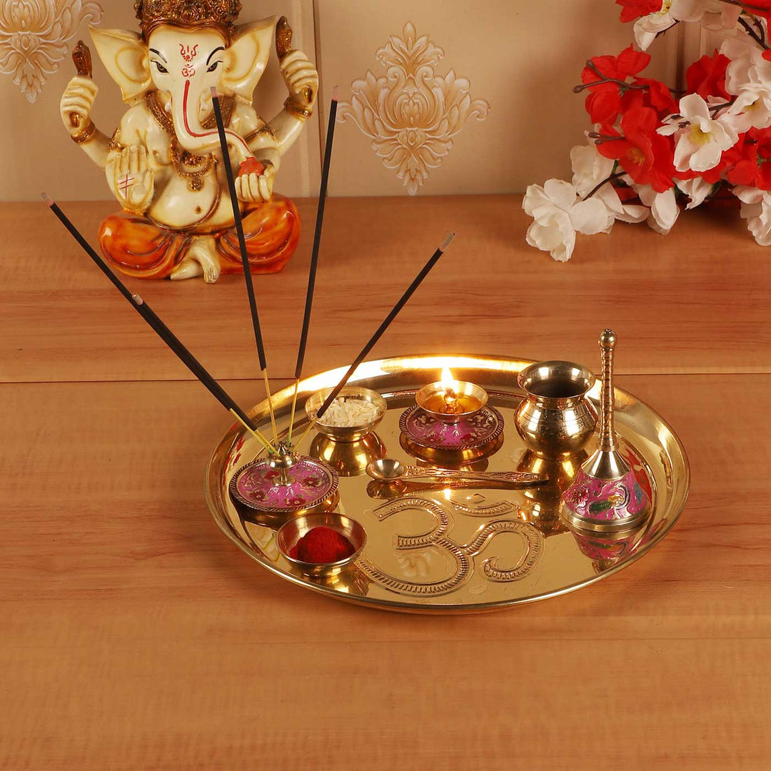 Handmade Om Brass Puja Thali | Set of 8