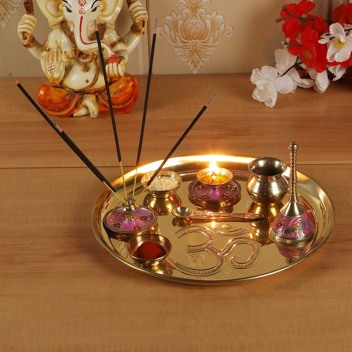 Handmade Om Brass Puja Thali | Set of 8