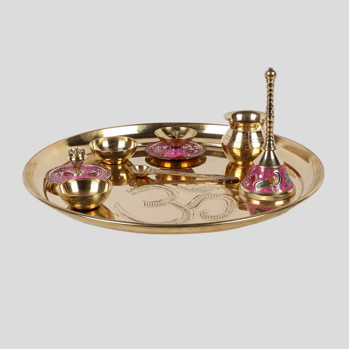 Handmade Om Brass Puja Thali | Set of 8