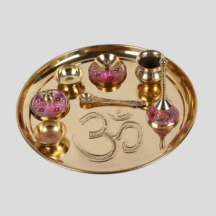 Handmade Om Brass Puja Thali | Set of 8