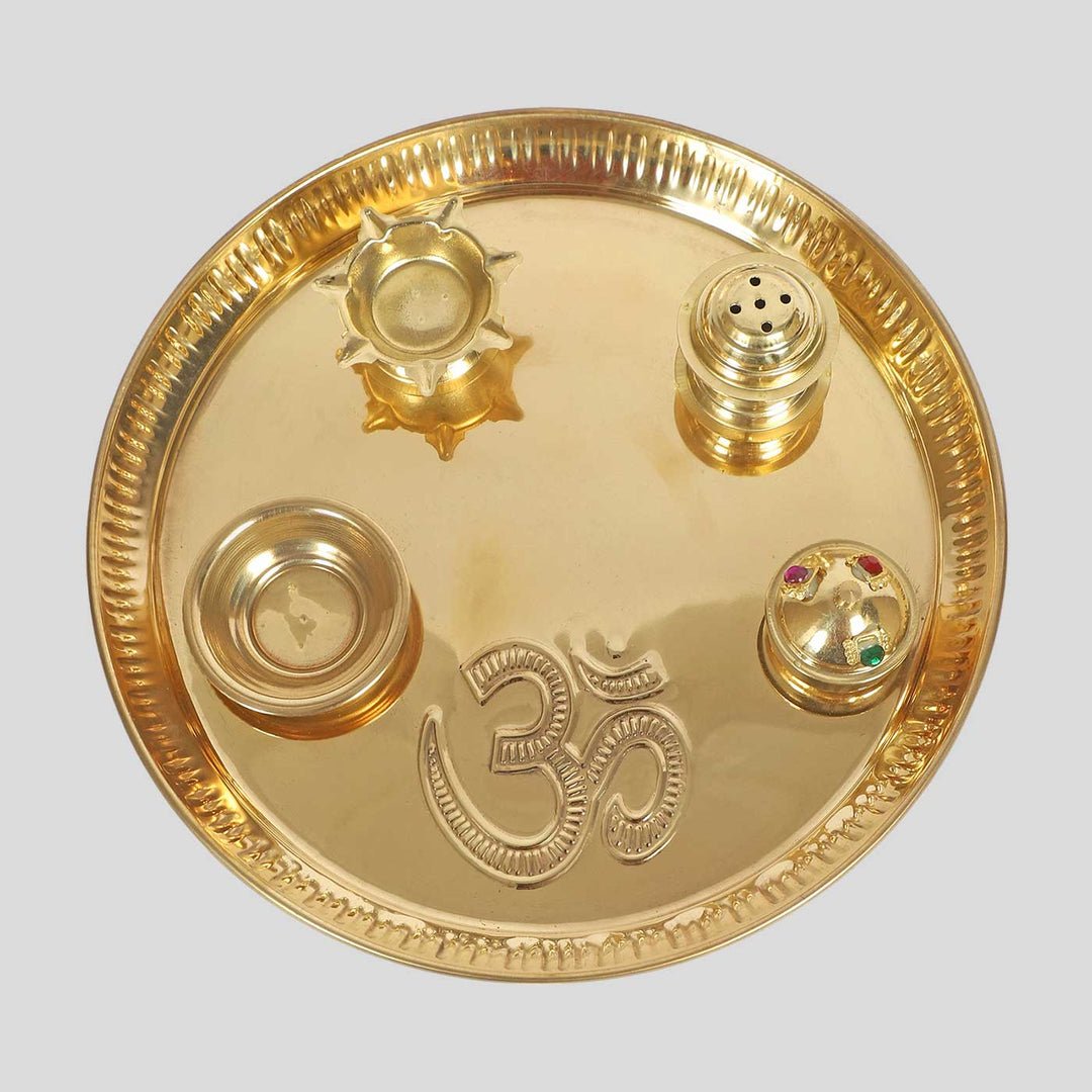 Handmade Om Brass Puja Thali | Set of 5