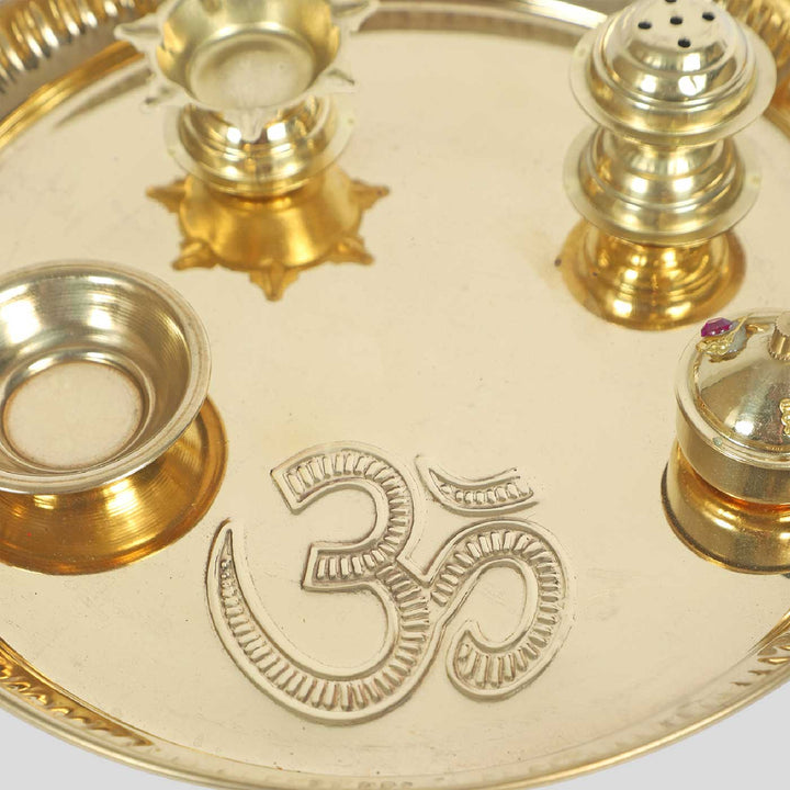 Handmade Om Brass Puja Thali | Set of 5