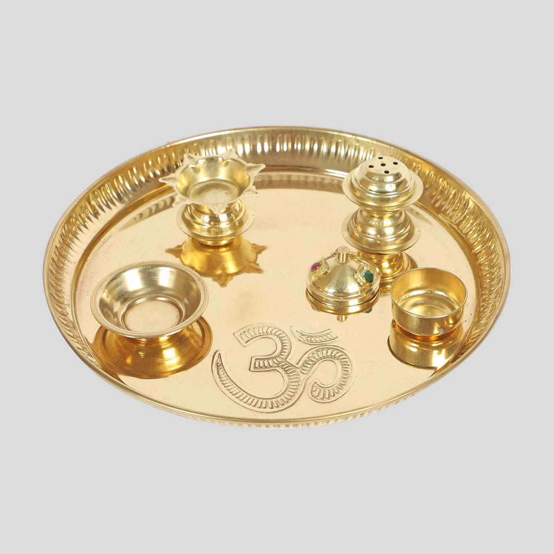 Handmade Om Brass Puja Thali | Set of 5