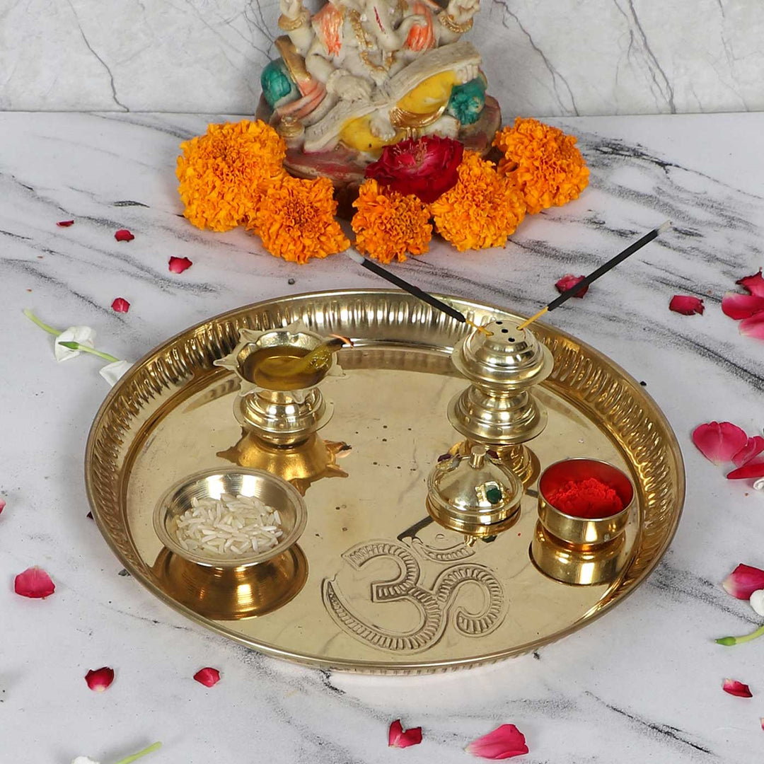 Handmade Om Brass Puja Thali | Set of 5