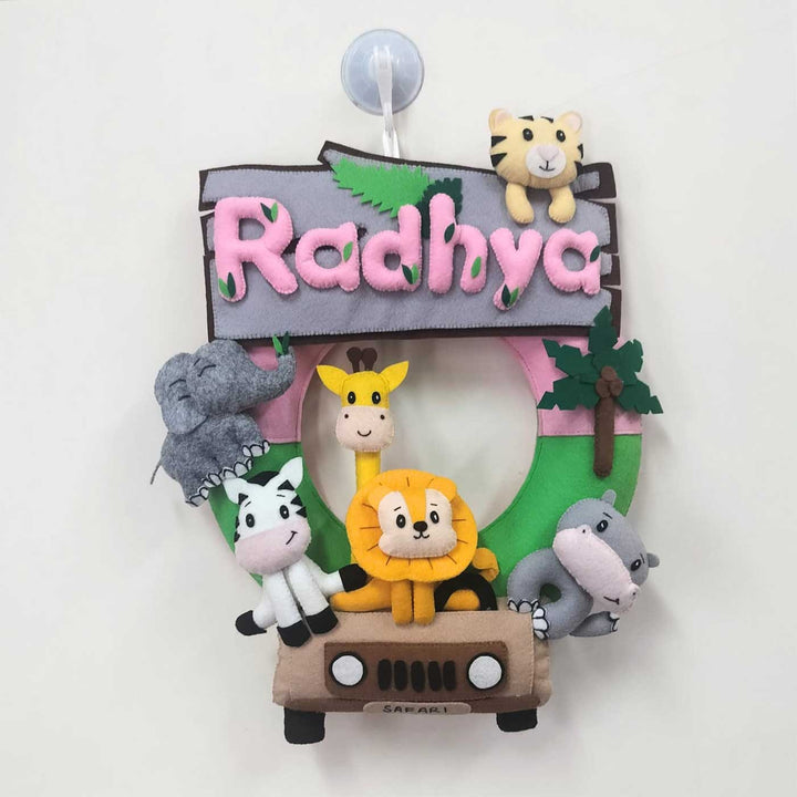 Personalized Jungle Safari Themed Round Felt Kid's Nameplate - Pink