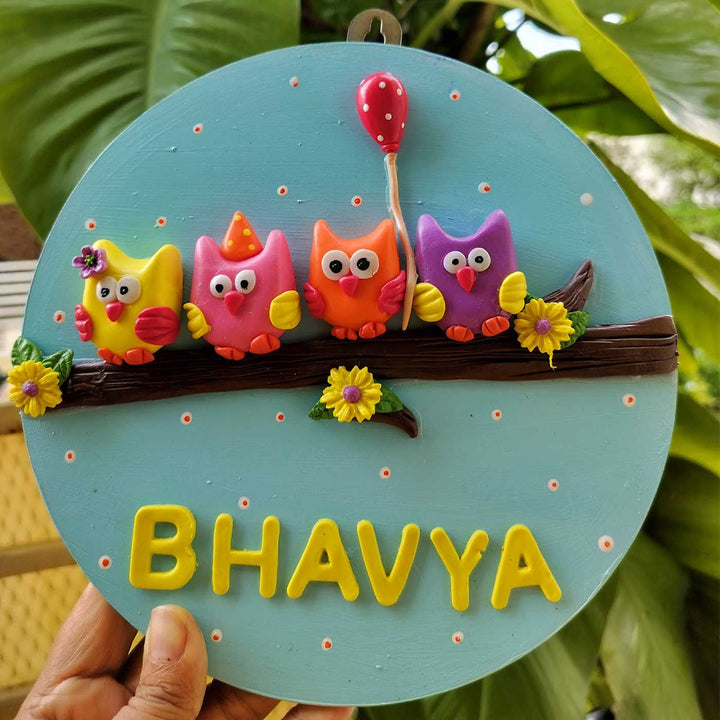 Personalized Owl Themed Miniature Clay Name Plate for Kids