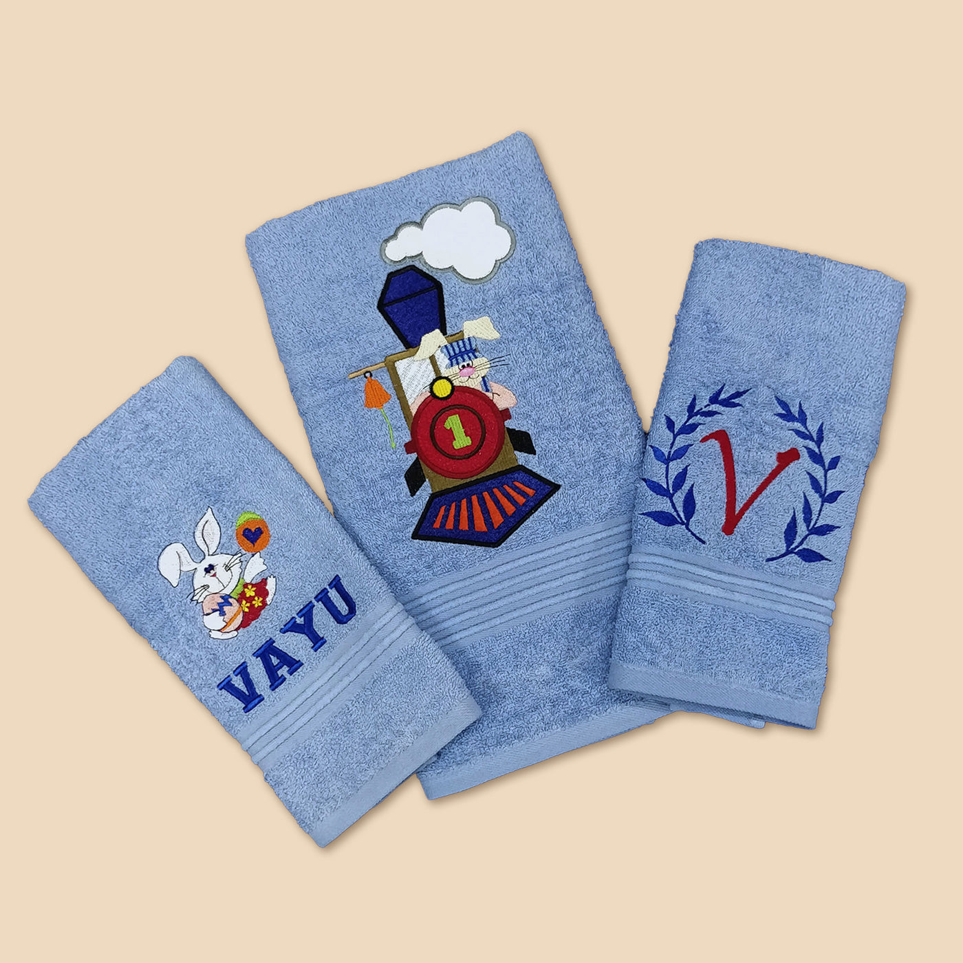 Buy Embroidered Personalized Egyptian Cotton Kids Towel Set of 3 Bunnies Trains Online On Zwende