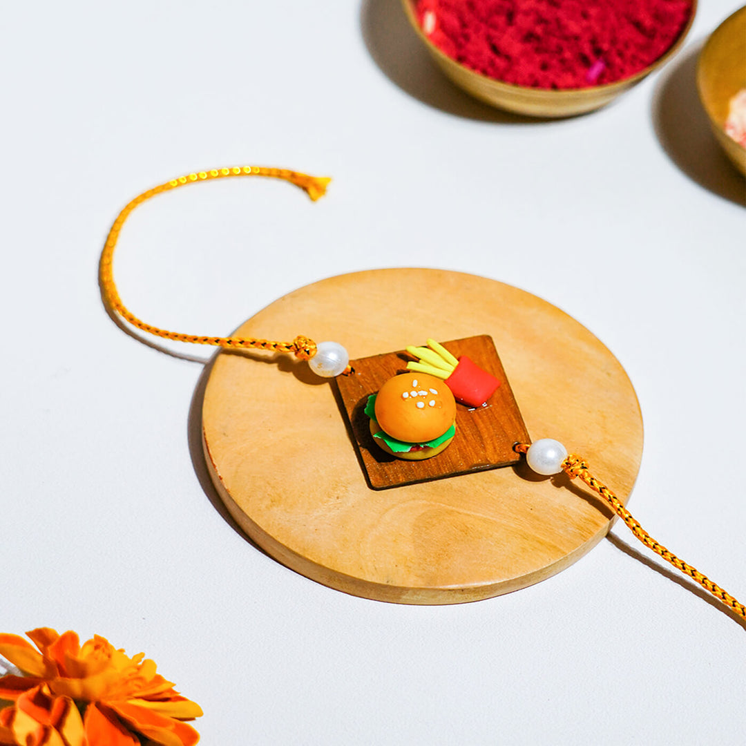 Handmade Hamburger Food Themed Clay Rakhi With Roli Chawal