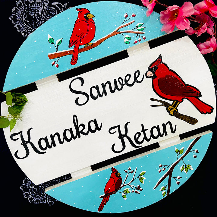 Handcrafted Personalized Red Cardinal Round Pinewood Nameplate