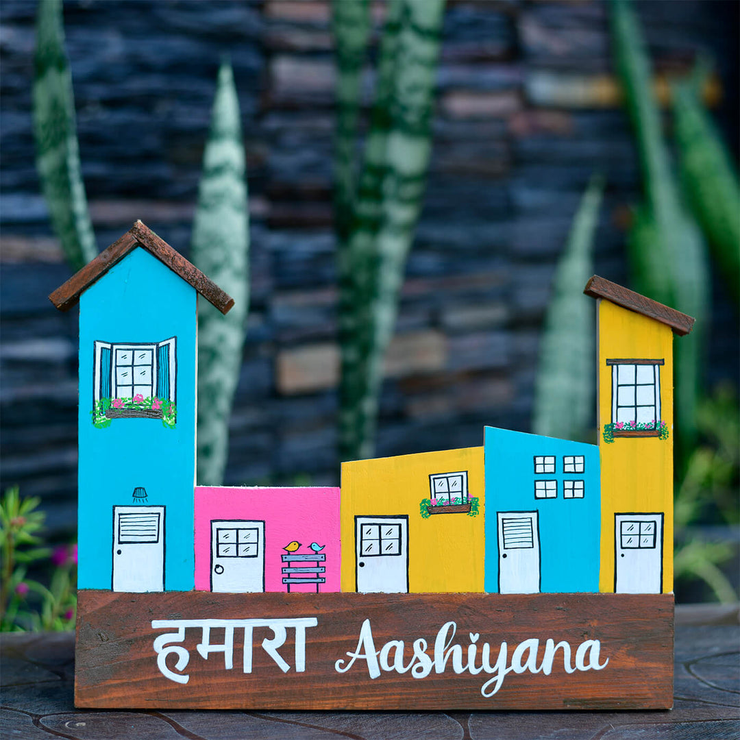 Personalised Handpainted House Shaped Plank Nameplate