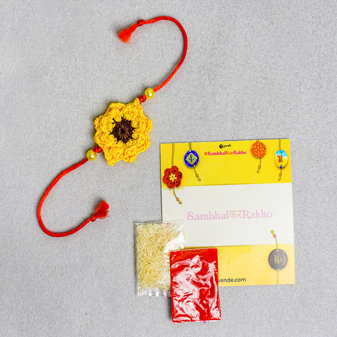 Floral Handcrafted Crochet Rakhi With Roli Chawal For Kids