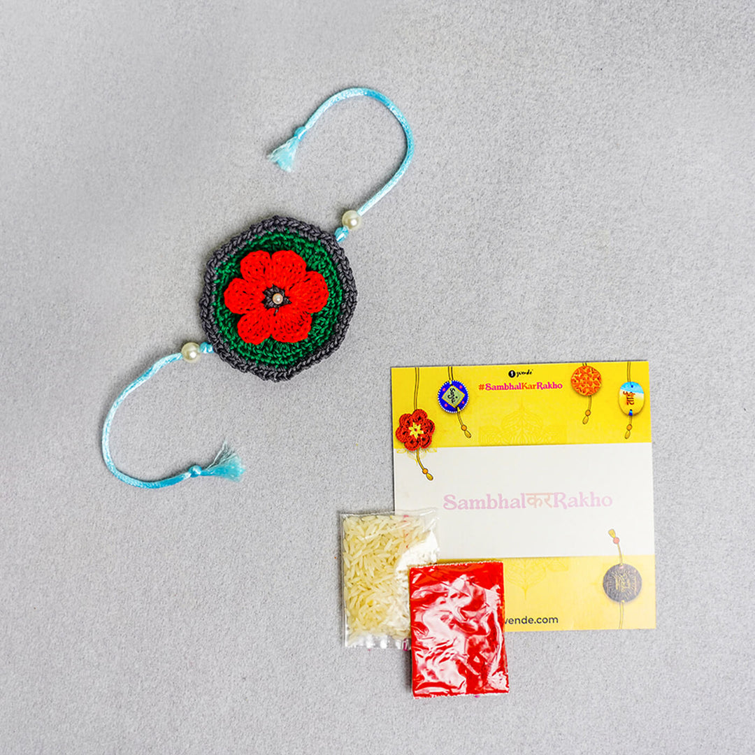 Floral Handcrafted Crochet Rakhi With Roli Chawal