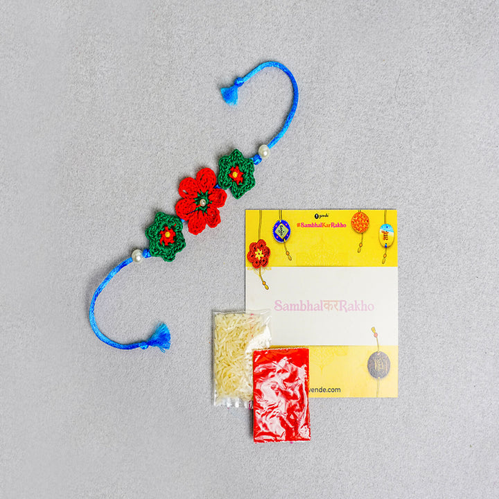 Floral Handcrafted Crochet Rakhi With Roli Chawal