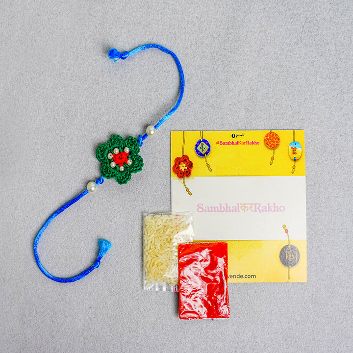 Floral Handcrafted Crochet Rakhi With Roli Chawal