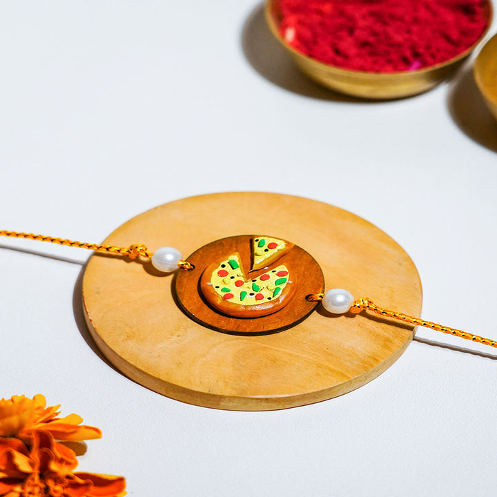 Handmade Pizza Food Themed Clay Rakhi With Roli Chawal