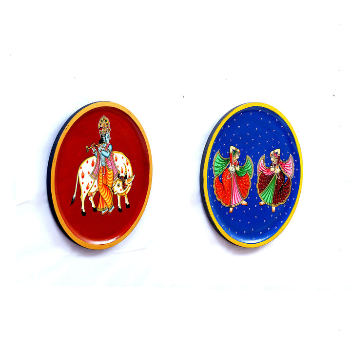 Handpainted Krishna & Gopi MDF Wall Plate | Set of 2