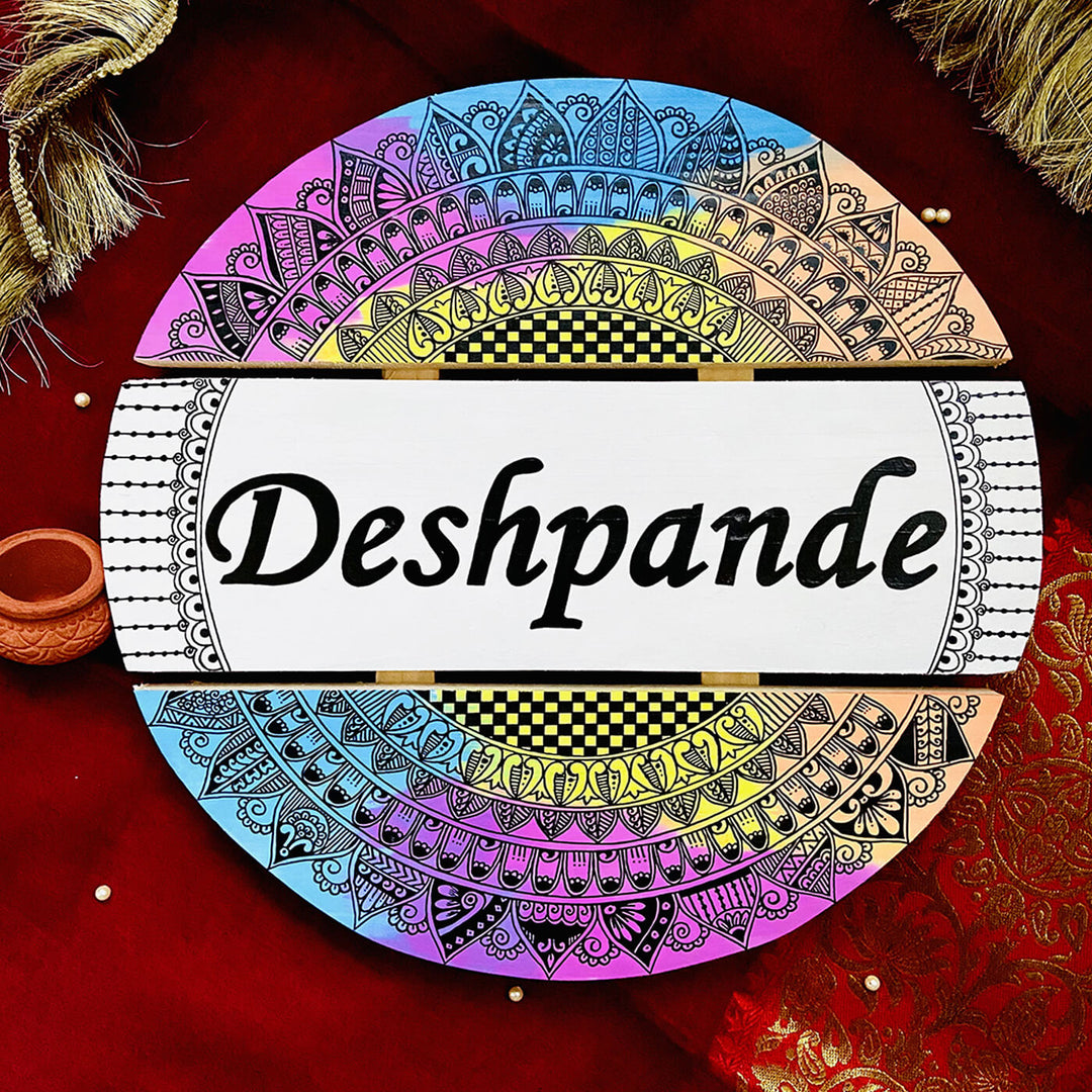 Handcrafted Personalized Mandala Round Pinewood Nameplate