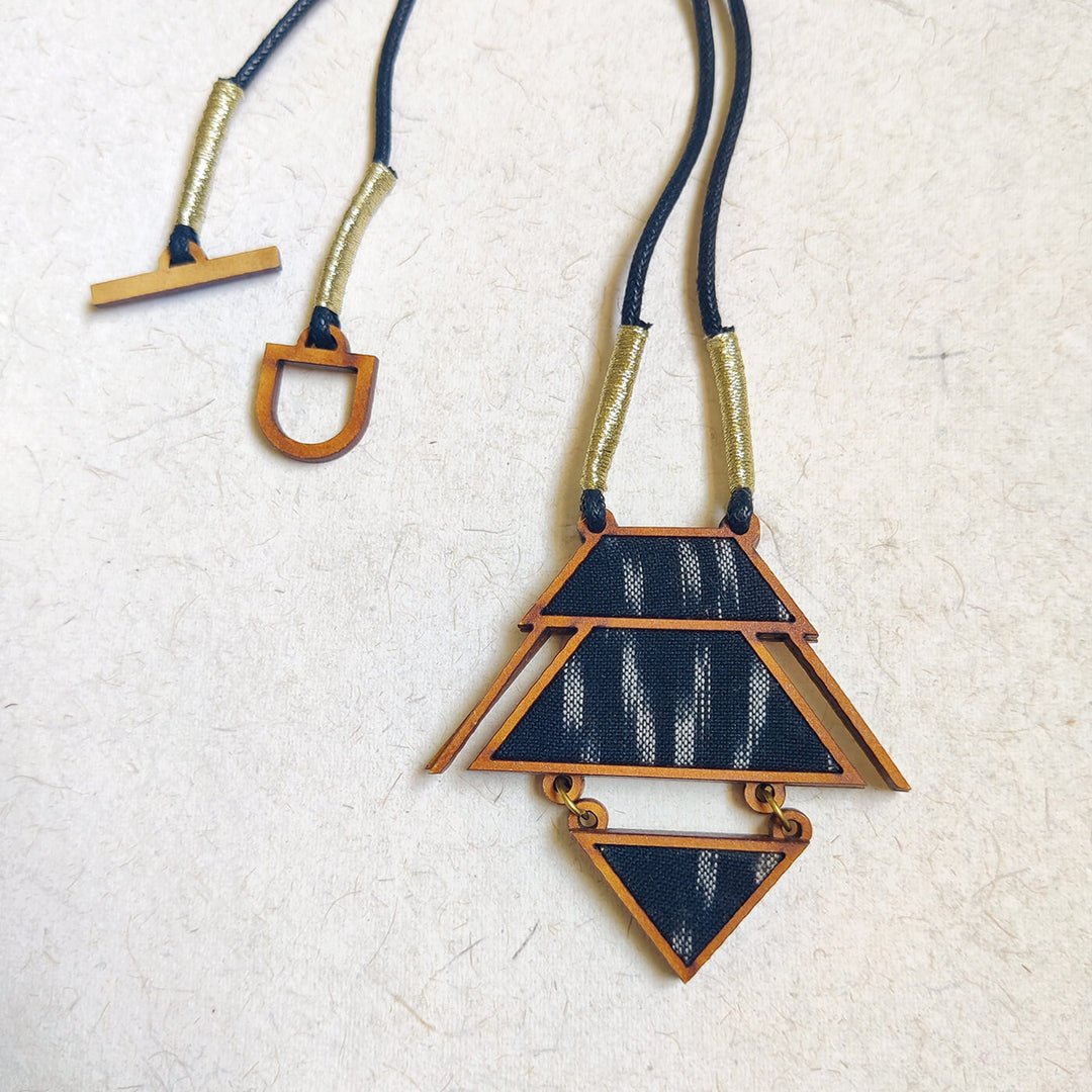 Handcrafted Wood & Fabric Triangle Earrings & Necklace