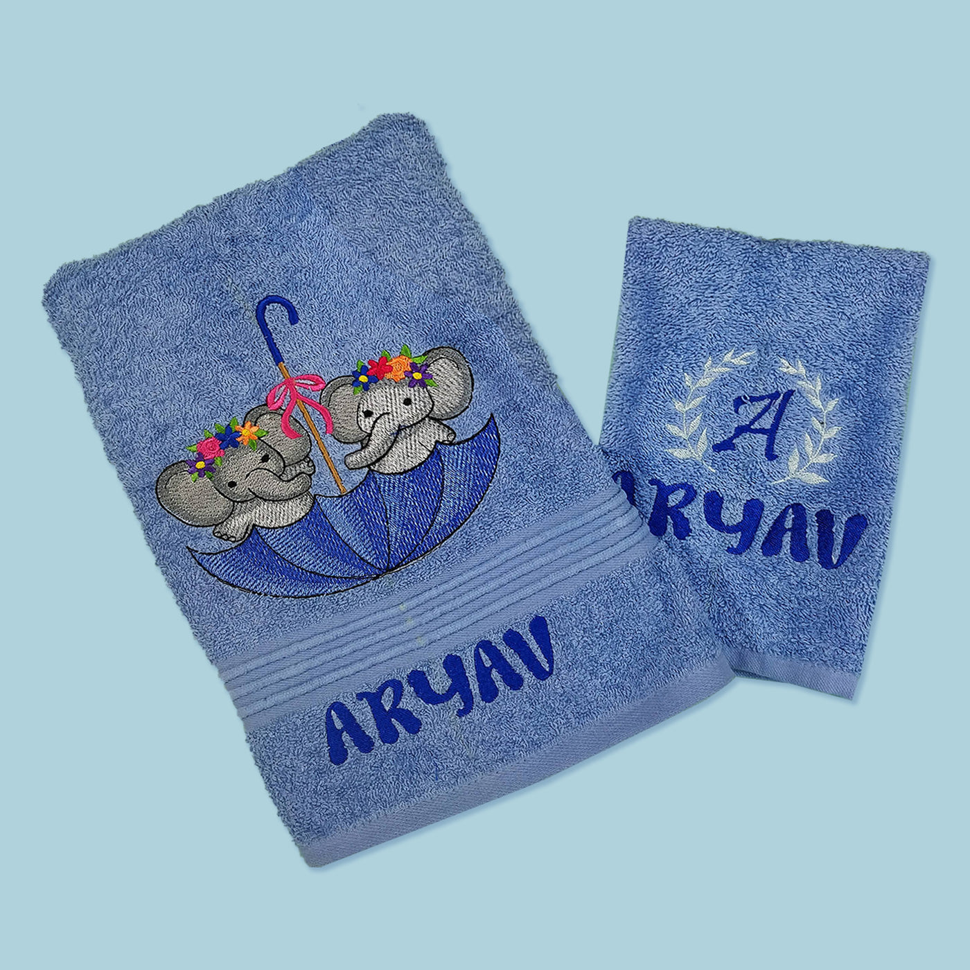 Buy Embroidered Personalized Egyptian Cotton Kids Towel Set of 2 Elephants Online On Zwende