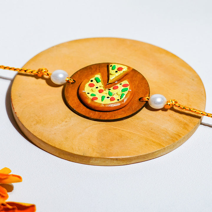 Handmade Pizza Food Themed Clay Rakhi With Roli Chawal