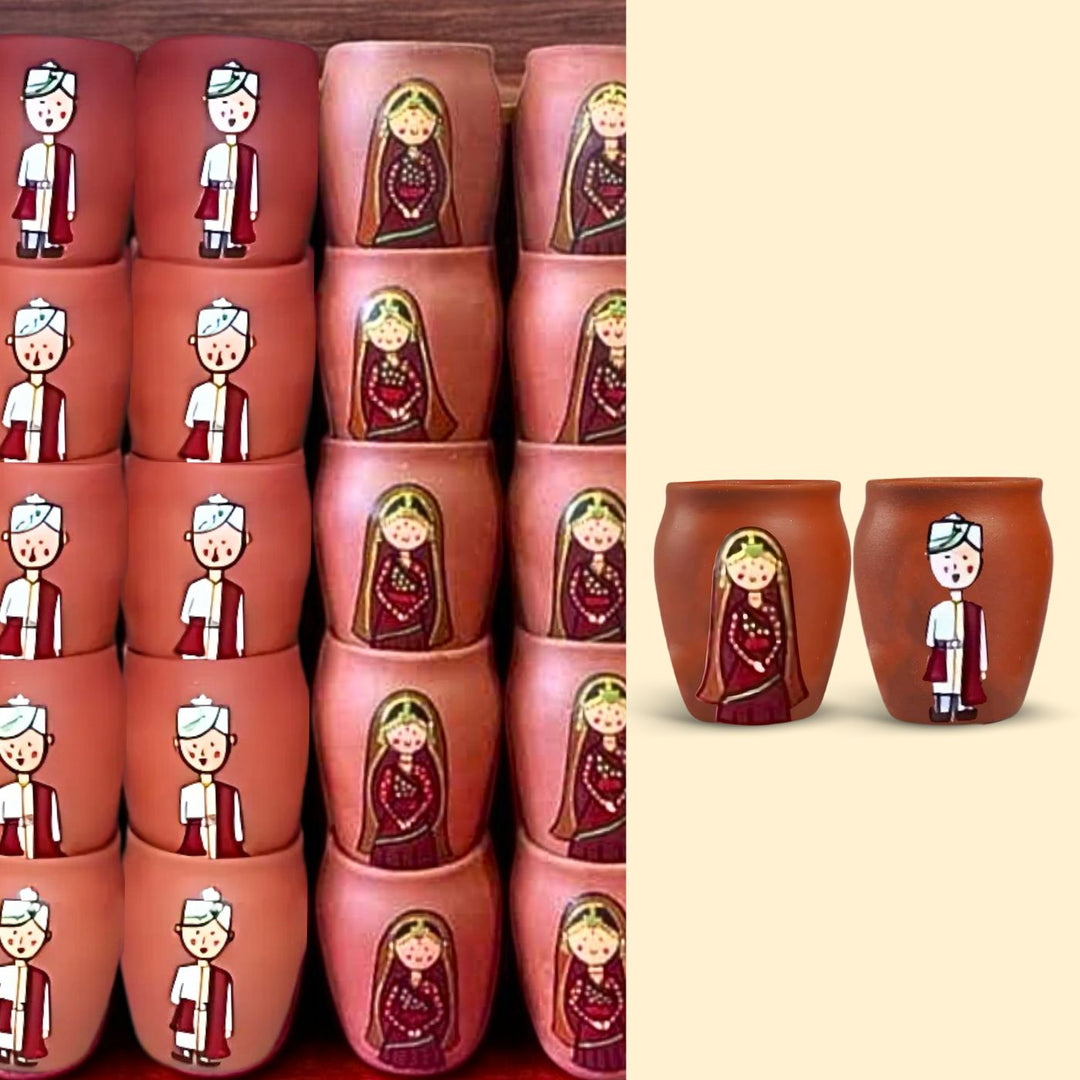 Handpainted Clay Kulhads with Regional Characters For Couples & Wedding Gifts