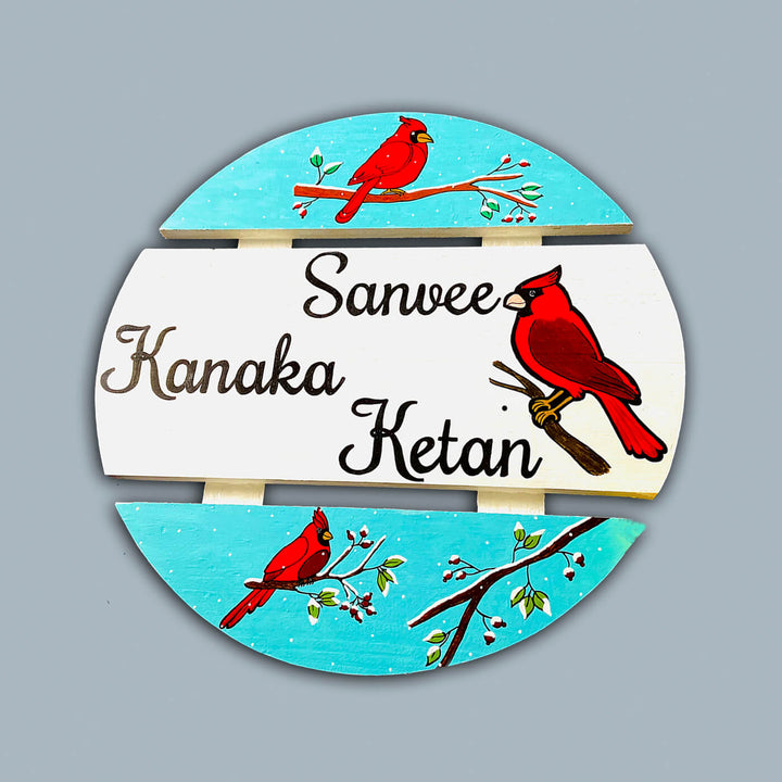 Handcrafted Personalized Red Cardinal Round Pinewood Nameplate