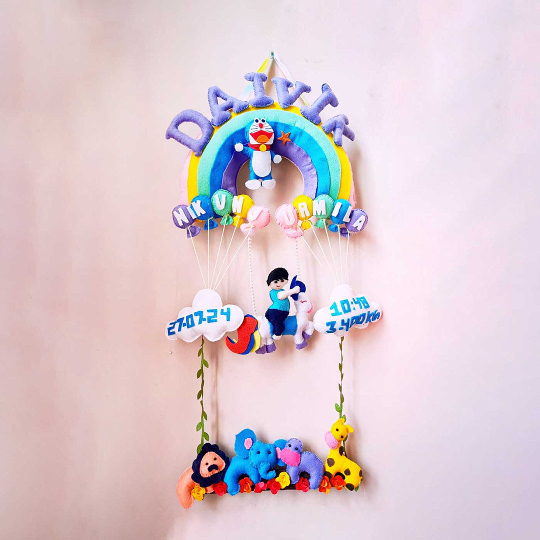 Personalized Pastel Colour Rainbow Felt Kids Name Plate With Birth Details