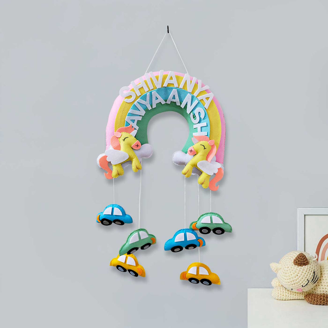 Personalized Unicorn & Cars Theme Felt Kids Name Plate For Siblings