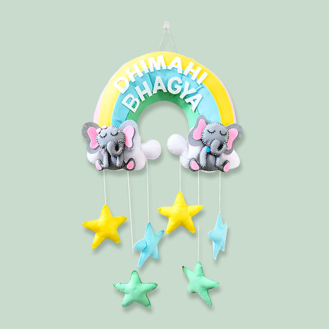 Personalized Elephant & Stars Theme Felt Kids Name Plate For Siblings