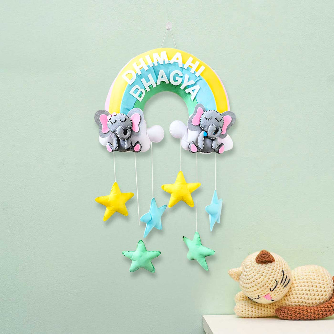 Personalized Elephant & Stars Theme Felt Kids Name Plate For Siblings