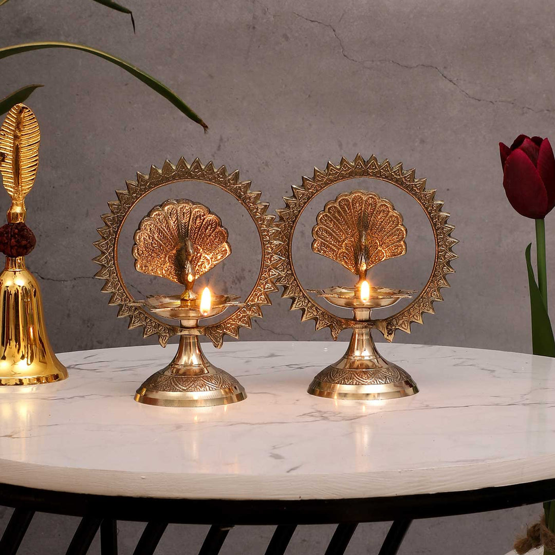 Handmade Peacock Brass Oil Lamp / Diya | Set of 2